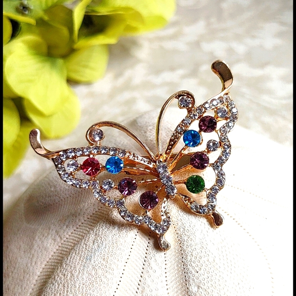 Gold w/ Multi Color Crystals Butterfly Brooch Pin